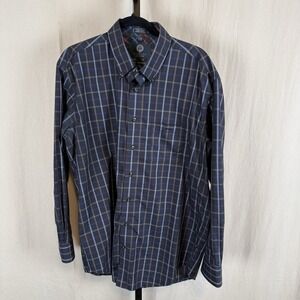 Viyella Button Up Shirt Mens Large Long Sleeve Non Iron Cotton Blue Brown Plaid